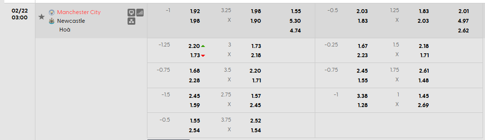 Tỷ lệ kèo Man City vs Newcastle
